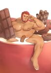  1boy abs absurdres armpit_hair bara beard biceps candy chest_hair chocolate chocolate_bar completely_nude cup dark-skinned_male dark_skin elbow_rest erection facial_hair fate/grand_order fate_(series) feiya6022 food foreskin highres in_container in_cup iskandar_(fate) large_pectorals leg_hair looking_at_viewer male_focus mature_male milk miniboy mug muscular muscular_male navel navel_hair nipples nude partially_submerged pectorals seductive_smile short_hair smile smirk solo stomach thick_eyebrows thick_thighs thighs valentine 