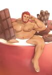  1boy abs absurdres armpit_hair bara beard biceps candy chest_hair chocolate chocolate_bar completely_nude cup dark-skinned_male dark_skin elbow_rest facial_hair fate/grand_order fate_(series) feiya6022 food highres in_container in_cup iskandar_(fate) large_pectorals leg_hair looking_at_viewer male_focus mature_male milk miniboy mug muscular muscular_male navel navel_hair nipples nude partially_submerged pectorals seductive_smile short_hair smile smirk solo stomach thick_eyebrows thick_thighs thighs valentine 