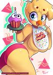  2019 abstract_background anthro avian beak bib bird blonde_hair blue_eyes blush bottomwear breasts chicken clothed clothing cupcake female five_nights_at_freddy&#039;s five_nights_at_freddy&#039;s_2 food galliform gallus_(genus) hair hi_res holding_food holding_object hotpants non-mammal_breasts open_mouth open_smile phasianid portrait rizkitsuneki scottgames shorts smile solo three-quarter_portrait topless topless_anthro topless_female toy_chica_(fnaf) under_boob video_games yellow_body 