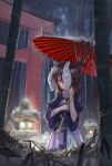 1girl animal_ears brown_hair dress expressionless floppy_ears highres holding holding_umbrella inaba_tewi jewelry light looking_down medium_hair night oil-paper_umbrella one_eye_covered outdoors perspective rabbit_ears rain red_eyes solo tlobtr torii touhou umbrella 