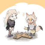  animal_ears blonde_hair coyote_(kemono_friends) coyote_ears coyote_girl coyote_tail gloves green_eyes highres kemono_friends kemono_friends_v_project long_hair mcgunngu momoki_(vtuber) multicolored_hair necktie ring_toss shirt simple_background skirt smile tail virtual_youtuber white_background yellow_eyes 