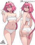  1boy :/ artist_logo ass astolfo_(fate) back bandeau bangs bare_shoulders bikini braid breasts bulge closed_mouth collarbone commentary cowboy_shot donburi_(donburikazoku) double_v expressionless fang fate/apocrypha fate_(series) feet_out_of_frame frilled_bandeau from_behind groin hair_between_eyes hair_intakes hand_on_own_ass highres linea_alba long_hair looking_at_viewer looking_back male_focus multicolored_hair multiple_views navel otoko_no_ko patreon_username pink_eyes pink_hair simple_background skin_fang small_breasts smile standing stomach strapless strapless_bikini streaked_hair swimsuit v very_long_hair w_arms white_background white_bandeau white_bikini white_hair 