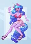  2022 absurd_res anthro bikini blue_hair blue_tail blush bracelet breasts chest_tuft clothing cutie_mark dandy_(artist) equid equine eyebrow_through_hair eyebrows eyelashes female footwear fur glistening glistening_hair hair hasbro hi_res hooves horn inner_ear_fluff izzy_moonbow_(mlp) jewelry long_hair looking_at_viewer mammal mlp_g5 my_little_pony navel open_mouth open_smile purple_body purple_eyes purple_fur sandals sarong smile solo swimwear translucent translucent_hair tuft unguligrade_anthro unicorn 