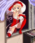  1girl animal_ears armpits bangs blonde_hair blue_eyes blush bra breasts cat_ears cat_girl christmas christmas_ornaments cleavage collarbone commentary_request crotch_seam elbow_gloves fur-trimmed_shawl fur_trim garter_straps gloves hat highres holding long_hair looking_at_viewer low-tied_long_hair medium_breasts open_clothes open_mouth original p-rink panties red_footwear red_gloves sack santa_costume santa_hat solo squatting thighhighs underwear unzipped white_bra white_legwear white_panties window zipper zipper_pull_tab 