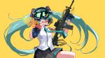  1girl absurdres aiming_at_viewer aqua_eyes aqua_hair aqua_necktie assault_rifle bangs black_skirt blue_gloves breasts collared_shirt crosshair_pupils facepaint gloves goggles goggles_on_head gun half_gloves handgun hatsune_miku headset highres holding holding_gun holding_weapon long_hair looking_at_viewer m4_carbine necktie open_mouth pistol pleated_skirt rifle shell_casing shirt skirt sleeveless sleeveless_shirt small_breasts smile smoke smoking_gun twintails vocaloid weapon white_shirt yellow_background yumenotsuzuki 