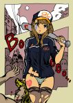  1girl 6+boys angry bangs baseball_bat baseball_cap black_legwear blonde_hair blood blood_on_weapon blue_jacket blue_panties bow bow_panties breasts clenched_teeth commentary_request crotch_seam earrings facial_mark hair_pull hat highres holding holding_weapon jacket jersey jewelry long_hair looking_at_viewer medium_breasts mole mole_under_eye moon multiple_boys original p-rink panties parted_lips pink_lips silhouette standing teeth thighhighs torn_clothes torn_jacket torn_legwear track_jacket track_suit underwear v-shaped_eyebrows weapon 