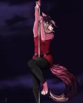  absurd_res anthro barefoot canid canine clothing dancing feet fishnet fluffy fluffy_tail fox girly hair hi_res leggings legwear long_hair looking_at_viewer male male/male mammal mingu night nightclub pole pole_dancing red_clothing sheenie smile smoke solo 