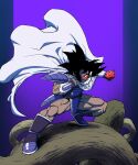  1boy absurdres bakarott black_hair cape dark-skinned_male dark_skin dragon_ball dragon_ball_z evil_smile fighting_stance food fruit full_body highres holding holding_food holding_fruit looking_at_viewer male_focus muscular muscular_male purple_theme saiyan_armor scouter smile solo spiked_hair standing tullece white_cape 