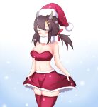  1girl alternate_costume azur_lane bangs bare_shoulders blush bow breasts brown_hair christmas cleavage closed_eyes clothes_lift collarbone eyebrows_visible_through_hair fur_scarf fur_trim gradient gradient_background hair_between_eyes hair_bow hair_ornament hairclip hat highres horns large_breasts low_twintails medium_hair midriff nagara_(azur_lane) navel red_bow red_legwear red_skirt remingu santa_costume santa_hat scarf short_twintails sidelocks skindentation skirt skirt_lift smile snow solo strapless thighhighs twintails white_scarf zettai_ryouiki 