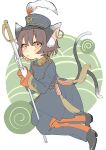  1girl absurdres animal_ears bangs blue_jacket blue_pants brown_eyes brown_hair cat_ears cat_girl cat_tail chen earrings hall_jion hat highres holding holding_sword holding_weapon jacket jewelry long_sleeves looking_at_viewer military military_jacket military_uniform pants short_hair solo sword tail tongue tongue_out touhou uniform weapon 