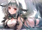  1girl :o arm_under_breasts artist_name ass bandeau bangs bird_girl bird_wings black_legwear breast_hold breasts buckle claws cleavage close-up elbow_gloves eyebrows_visible_through_hair feathered_wings feet_up gloves goggles goggles_around_neck grey_wings hair_between_eyes hand_on_own_cheek hand_on_own_face hi-na1 large_breasts light_blush long_hair looking_at_viewer lying micro_shorts on_stomach orku_(sennen_sensou_aigis) red_eyes revealing_clothes sennen_sensou_aigis shorts sidelocks silver_hair solo suspenders thighhighs white_background wing_ears wings 