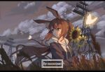  1girl amiya_(arknights) animal animal_ears arknights artist_name bangs black_jacket blue_eyes blurry blurry_foreground brown_hair bug butterfly cloud cloudy_sky commentary_request day depth_of_field eyebrows_behind_hair field flower full_body glowing hair_between_eyes hood hood_down hoodie jacket letterboxed long_sleeves looking_away looking_to_the_side object_hug open_clothes open_jacket outdoors parted_lips ponytail power_lines puffy_long_sleeves puffy_sleeves rabbit_ears sky sleeves_past_wrists solo sunflower transmission_tower white_hoodie yellow_flower zzzzzziyao 