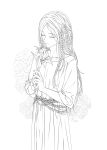  1girl bangs braid character_request closed_eyes closed_mouth collarbone elden_ring flower highres holding holding_flower jdori lineart long_hair long_sleeves own_hands_together parted_bangs 