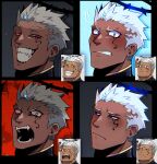  1boy angry blush close-up collared_jacket dark-skinned_male dark_skin expression_chart expressions face facial_tattoo fangs frown glowing glowing_eyes half-closed_eyes halo happy highres israfil_(housamo) lisuchi male_focus open_mouth raised_eyebrows red_eyes sad sideburns smile solo spiked_hair surprised tattoo tokyo_afterschool_summoners tusks white_hair 