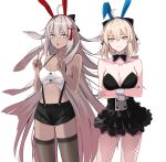  2girls absurdres ahoge animal_ears black_bow blonde_hair bow bowtie breasts cleavage cowboy_shot crossed_arms dark-skinned_female dark_skin detached_collar double_v fake_animal_ears fate/grand_order fate_(series) fishnet_legwear fishnets hair_bow highres koha-ace large_breasts long_hair looking_at_viewer multiple_girls nail_polish nigori_(keydoor) okita_souji_(fate) okita_souji_(koha-ace) okita_souji_alter_(fate) playboy_bunny rabbit_ears strapless thighhighs v wrist_cuffs yellow_eyes 
