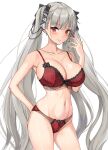  1girl amagi_(amagi626) arm_behind_back azur_lane black_nails blush bra breasts cleavage collarbone commentary_request earrings formidable_(azur_lane) grey_hair hand_on_own_face highres jewelry large_breasts lingerie long_hair looking_at_viewer navel panties red_bra red_eyes red_panties simple_background smile solo twintails underwear upper_body very_long_hair white_background 