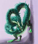  ambiguous_gender asian_mythology ass_up claws countershade_torso countershading digitigrade dragon east_asian_mythology eastern_dragon fangs feral finger_claws fur furred_dragon green_body green_countershading green_fur green_pawpads green_scales hi_res long_neck long_tail long_torso mythology pawpads purple_background quadruped rienkarrot scales scalie shaded shadow signature simple_background solo toe_claws yellow_eyes 