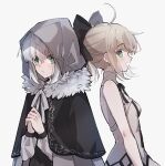  2girls :d ahoge artoria_pendragon_(fate) bangs black_bow black_cape black_ribbon blonde_hair bow breasts cape fate/unlimited_codes fate_(series) gray_(fate) green_eyes grey_hoodie hair_between_eyes hair_bow highres hood hood_up hooded hoodie long_hair lord_el-melloi_ii_case_files multiple_girls nayu_tundora neck_ribbon open_mouth own_hands_clasped own_hands_together parted_lips ponytail ribbon saber_lily shiny shiny_hair silver_hair simple_background sleeveless small_breasts smile upper_body white_background 