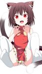  1girl :d absurdres animal_ears blush brown_hair cat_ears cat_tail chen earrings fang furagu highres jewelry multiple_tails no_hat no_headwear open_mouth paw_pose red_eyes short_hair simple_background single_earring sitting smile solo spread_legs tail thighhighs touhou white_background white_legwear 