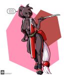  abs anthro asian_clothing black_sclera brown_body brown_fur clothing cosplay dialogue diamond_(fours) east_asian_clothing fatal_fury female fours_(artist) freckles fur hi_res japanese_clothing kimono lagomorph leporid long_ears mai_shiranui mammal melee_weapon rabbit red_eyes solo sword tied_ears wardrobe_malfunction weapon 