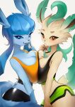  2022 absurd_res anthro blush breast_squish breasts breasts_frottage cleavage clothed clothing digital_media_(artwork) duo eeveelution female glaceon hi_res leafeon looking_at_viewer momikacha nintendo open_mouth pok&eacute;mon pok&eacute;mon_(species) simple_background squish video_games white_background 