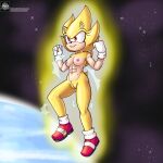  anthro belly clothing crotch_tuft female footwear fours_(artist) fur genitals gloves handwear hi_res mostly_nude nipples pink_nipples pussy red_eyes sega shaded shoes soft_shading solo sonic_the_hedgehog sonic_the_hedgehog_(series) space super_sonic tan_belly tuft yellow_body yellow_fur 