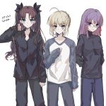  3girls ahoge aqua_eyes arms_behind_back artoria_pendragon_(fate) black_bow black_pants black_shirt blonde_hair blue_pants blue_ribbon blush borrowed_garments bow brown_hair collarbone collared_shirt cowboy_shot dress_shirt fate/stay_night fate_(series) glasses grey_sleeves grin hair_bow hair_ribbon long_hair long_sleeves looking_at_viewer matou_sakura multiple_girls nayu_tundora pants purple_eyes purple_hair red_ribbon ribbon saber shiny shiny_hair shirt simple_background sketch sleeves_past_fingers sleeves_past_wrists smile standing straight_hair sweatdrop tied_hair tohsaka_rin turtleneck twintails very_long_hair white_background white_shirt wing_collar 