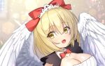  1girl angel_wings bangs blonde_hair bow bowtie breasts cleavage cleavage_cutout clothing_cutout collared_dress commentary_request dress eyebrows_visible_through_hair eyelashes feathered_wings gengetsu_(touhou) hair_bow large_breasts maid_headdress open_mouth red_bow red_bowtie sea_scorpion_(umisasori) short_hair short_sleeves touhou touhou_(pc-98) white_wings wings yellow_eyes 