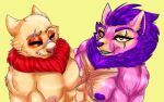  2017 abs anthro anthro_on_anthro arm_tuft belly biceps big_abs big_biceps big_deltoids big_eyes big_pecs big_triceps blind_eye blue_eyes brown_body brown_eyebrows brown_face brown_fur brown_markings bust_portrait chest_scar colored deltoids duo ear_tuft eye_scar eyebrow_scar eyebrows eyelashes eyes_closed facial_scar fur grey_tongue grin hair happy heyimteedo huge_abs huge_biceps huge_deltoids huge_pecs huge_triceps league_of_legends looking_away male male/male male_anthro mammal manly markings mouth_scar multicolored_body multicolored_ears multicolored_fur muscular muscular_anthro muscular_male neckwear_only nipples open_mouth open_smile pecs pink_arms pink_body pink_chest pink_ears pink_face pink_fur pink_nipples portrait purple_eyebrows purple_hair purple_inner_ear purple_nipples purple_nose red_neckwear red_nose riot_games scar shaded simple_background smile standing tan_arms tan_belly tan_body tan_chest tan_ears tan_face tan_fur teemo_(lol) titrus_(heyimteedo) tongue triceps tuft two_tone_body two_tone_chest two_tone_ears two_tone_fur video_games yellow_background yordle 