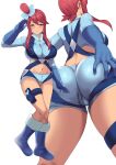  blue_eyes blue_footwear blue_gloves blue_jacket blue_shorts boots cropped_jacket gloves hair_ornament jacket jirusu midriff one_side_up pokemon pokemon_(game) pokemon_bw red_hair short_shorts shorts sidelocks skyla_(pokemon) 