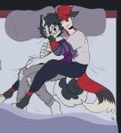  absurd_res anthro bed blushed canid canine canis clothed clothing domestic_dog fox furniture hi_res husky male male/male mammal nordic_sled_dog piercing rivey_ravenheart sleeping spitz tail xfotzy 