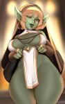  absurd_res big_breasts blonde_hair breasts clothed clothing ear_piercing female goblin hair hi_res huge_thighs humanoid humanoid_pointy_ears inner_side_boob lips maewix_(artist) nun piercing short_hair short_stack skimpy solo thick_thighs wide_hips 