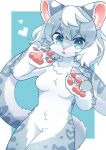  &lt;3 2022 4_fingers anthro blue_body blue_eyes blue_fur border breasts claws featureless_breasts felid female finger_claws fingers fur grey_body grey_fur grey_hair hair hi_res kemono kuro_kemo28 looking_at_viewer mammal multicolored_body multicolored_ears multicolored_fur multicolored_hair multicolored_tail nude open_mouth pantherine pawpads paws pink_nose portrait short_hair snow_leopard solo three-quarter_portrait tongue white_body white_border white_fur white_hair 
