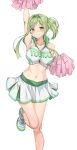  1girl absurdres alternate_costume alternate_hairstyle amagi_(amagi626) arm_up armpit_crease bangs bare_shoulders blush breasts cheering cheerleader cleavage closed_mouth collarbone foot_out_of_frame green_eyes green_hair highres knees large_breasts lips long_hair looking_at_viewer miniskirt navel shiny shiny_hair shiny_skin shoes sidelocks simple_background skirt sneakers solo standing standing_on_one_leg stomach sweat teireida_mai tied_hair touhou white_background 