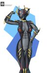  black_body faceless female flexing fours_(artist) genitals hand_on_hip hi_res humanoid muscular muscular_female nipples orange_nipples orange_pussy pussy solo valkyr_(warframe) video_games warframe 