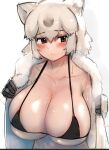  1girl alternate_breast_size animal_ears bangs bear_ears bikini bikini_under_clothes blush book breasts brown_eyes closed_mouth collarbone commentary embarrassed eyes_visible_through_hair frown gloves grey_hair hair_between_eyes highres huge_breasts kemono_friends looking_at_viewer medium_hair micro_bikini multicolored_hair open_book open_clothes polar_bear_(kemono_friends) shibori_kasu sidelocks sketch skindentation solo steaming_body stomach sweat swimsuit symbol-only_commentary undressing upper_body white_hair 