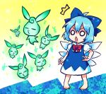  1girl ^^^ ahoge barefoot blue_bow blue_dress blue_hair bow cirno collared_shirt dress fairy hair_between_eyes hair_bow highres ice ice_wings o_o open_mouth pote_(ptkan) puffy_short_sleeves puffy_sleeves shirt short_hair short_sleeves solo touhou white_shirt wings 