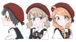  3girls :/ :o :p absurdres antenna_hair bangs beret black_bow black_bowtie black_hair blue_eyes blunt_bangs blush bow bowtie braid closed_mouth cropped_torso emblem expressionless eyebrows_visible_through_hair eyes_visible_through_hair from_side hair_behind_ear hat highres idolmaster idolmaster_million_live! idolmaster_million_live!_theater_days light_brown_hair lineup long_hair looking_at_viewer looking_to_the_side low_twintails meeeeeeco359 multiple_girls nakatani_iku oogami_tamaki open_mouth orange_eyes orange_hair profile red_eyes red_headwear school_uniform short_hair short_twintails sideways_glance simple_background strap_slip striped striped_bow striped_bowtie suou_momoko swept_bangs tareme tongue tongue_out twin_braids twintails upper_body white_background wing_collar 