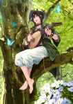 1girl :d absurdres arknights bangs barefoot blue_butterfly brown_hair bug butterfly commentary fedora flower green_eyes green_jacket hair_ornament hat highres holding holding_instrument instrument jacket long_hair long_sleeves lute_(instrument) meteor_(arknights) meteor_(bard&#039;s_holiday)_(arknights) music open_clothes open_jacket open_mouth pants playing_instrument shijie_jianfa sitting smile solo star_(symbol) star_hair_ornament white_flower white_headwear white_pants 