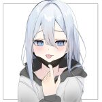  1girl :p avatar_icon black_mask blush commentary_request ear_piercing hair_between_eyes hood hood_down long_hair looking_at_viewer mask mask_pull mouth_mask pappi_chan piercing portrait project_sekai simple_background solo tongue tongue_out two-tone_hoodie very_long_hair white_background white_hair yoisaki_kanade 