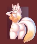  absurd_res anthro big_butt bottomless breasts butt canid canine clothed clothing eyewear female fur glasses hi_res looking_at_viewer looking_back looking_back_at_viewer mammal multicolored_body multicolored_fur sanfingulipunrapin solo two_tone_body two_tone_fur 