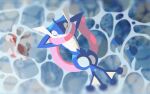  afloat blurry closed_eyes commentary_request crossed_legs film_grain fish from_above goldeen greninja lying no_humans on_back pokemon pokemon_(creature) pokeyugami poliwag relaxing tongue tongue_scarf water 