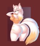  absurd_res anthro big_butt bottomless breasts butt canid canine clothed clothing eyewear female fur glasses hi_res looking_at_viewer looking_back looking_back_at_viewer mammal multicolored_body multicolored_fur sanfingulipunrapin solo two_tone_body two_tone_fur 