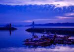  boat cloud dawn hoshiumisora lighthouse mountain ocean original photo_(medium) rural scenery shore sunrise watercraft 