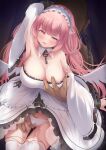 1boy 1girl azur_lane blush breast_grab breasts chain chained chained_wrists cleavage detached_sleeves dress frilled_dress frills grabbing grabbing_from_behind highres large_breasts long_hair niboshin_(usagi_drive) panties perseus_(azur_lane) pink_eyes pink_hair pussy see-through spread_pussy thighhighs twintails underwear very_long_hair white_dress white_legwear white_panties wide_sleeves 