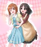  2girls azumanga_daioh black_hair blush bob_cut brown_eyes brown_hair crossover dress grey_eyes hagiwara_yukiho highres idolmaster imminent_hug kasuga_ayumu kitou_toshinari medium_hair multiple_girls one_eye_closed open_mouth plaid plaid_dress short_hair teeth upper_teeth 