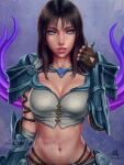  1girl armor blind breasts brown_gloves brown_hair cleavage commentary crop_top dated deviantart_username english_commentary fingerless_gloves gloves grey_eyes headwear_removed helmet helmet_removed highres hood hood_down italian_commentary jewelry large_breasts lips long_hair looking_at_viewer midriff mixed-language_commentary navel nemesis_(smite) no_pupils nose nostrils parted_lips patreon_username photoshop_(medium) realistic rope sciamano240 shoulder_armor signature smite solo stomach watermark web_address 