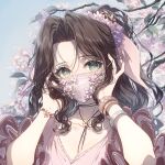  1girl aerith_gainsborough black_choker blue_sky bracelet breasts brown_hair cherry_blossoms choker cleavage collarbone commentary_request day dress eyebrows_visible_through_hair final_fantasy final_fantasy_vii flower forehead green_eyes hair_flower hair_ornament hands_up jewelry kieta leaf long_hair long_sleeves looking_at_viewer mask medium_breasts mouth_mask outdoors pink_dress ponytail purple_flower sky solo tree upper_body 