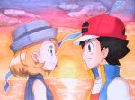  1boy 1girl ash_ketchum black_hair blonde_hair blue_eyes closed_mouth cloud commentary_request earrings eye_contact eyelashes from_side grey_headwear hat jacket jewelry looking_at_another outdoors pokemon pokemon_(anime) pokemon_swsh_(anime) serena_(pokemon) shirt short_hair sky sleeveless sleeveless_jacket smile sunset sweater_vest traditional_media twilight water white_shirt zao_(beans-alliance) 