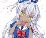  1girl :o ahoge bangs blue_headwear blue_shirt brown_eyes commentary_request dark-skinned_female dark_skin eyebrows_visible_through_hair hair_between_eyes hands_up heart heart_hands k_hiro leaning_to_the_side original parted_lips puffy_short_sleeves puffy_sleeves sailor_collar school_uniform serafuku shirt short_sleeves silver_hair simple_background solo upper_body white_background white_sailor_collar 